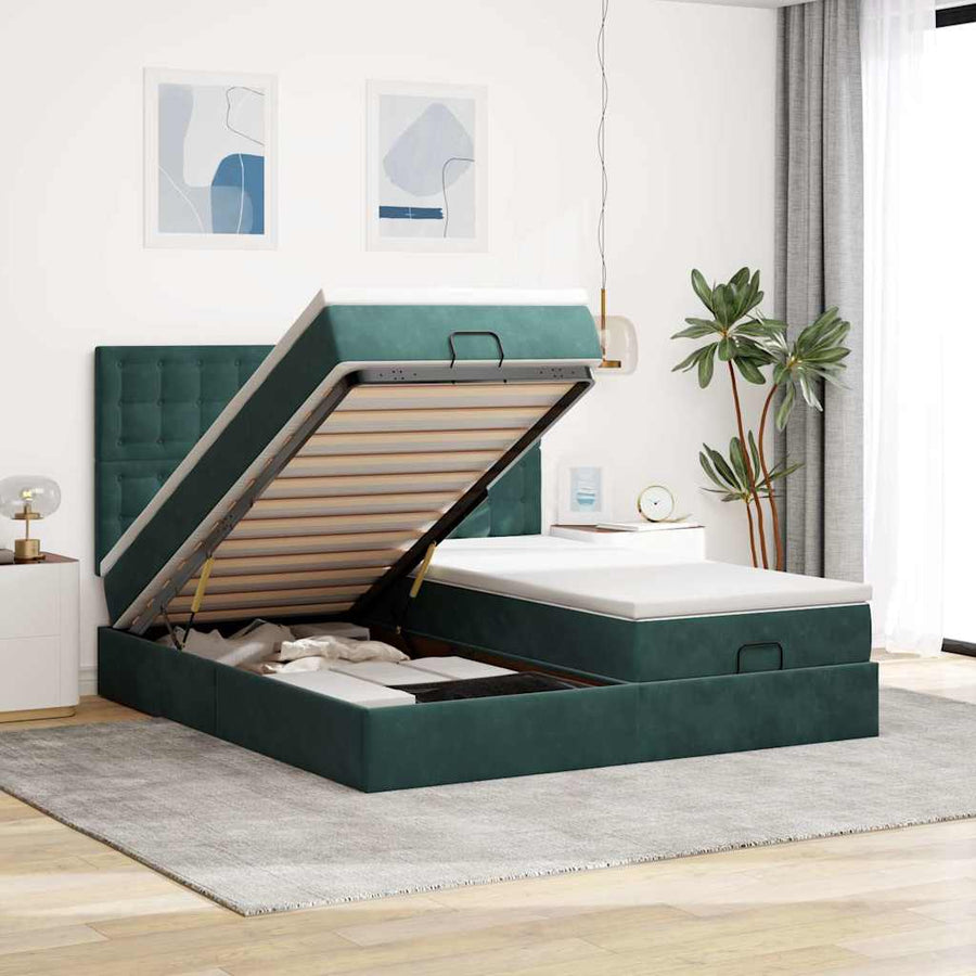 Ottoman Bed Met Matrassen En Led's 160X200Cm Fluweel 160 x 200 cm Donkergroen