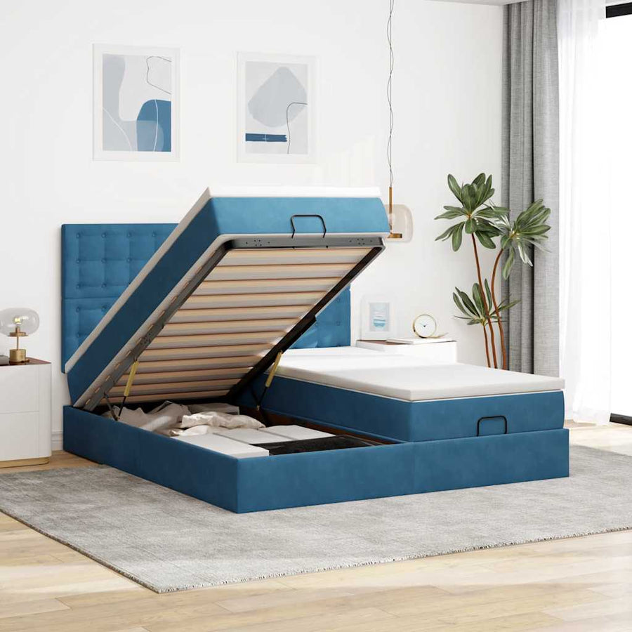 Ottoman Bed Met Matrassen En Led's 160X200Cm Fluweel 160 x 200 cm Donkerblauw