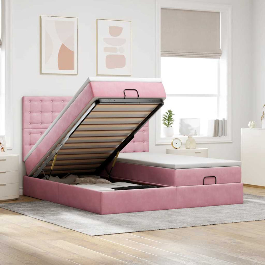 Ottoman Bed Met Matrassen En Led's 160X200Cm Fluweel 160 x 200 cm Roze