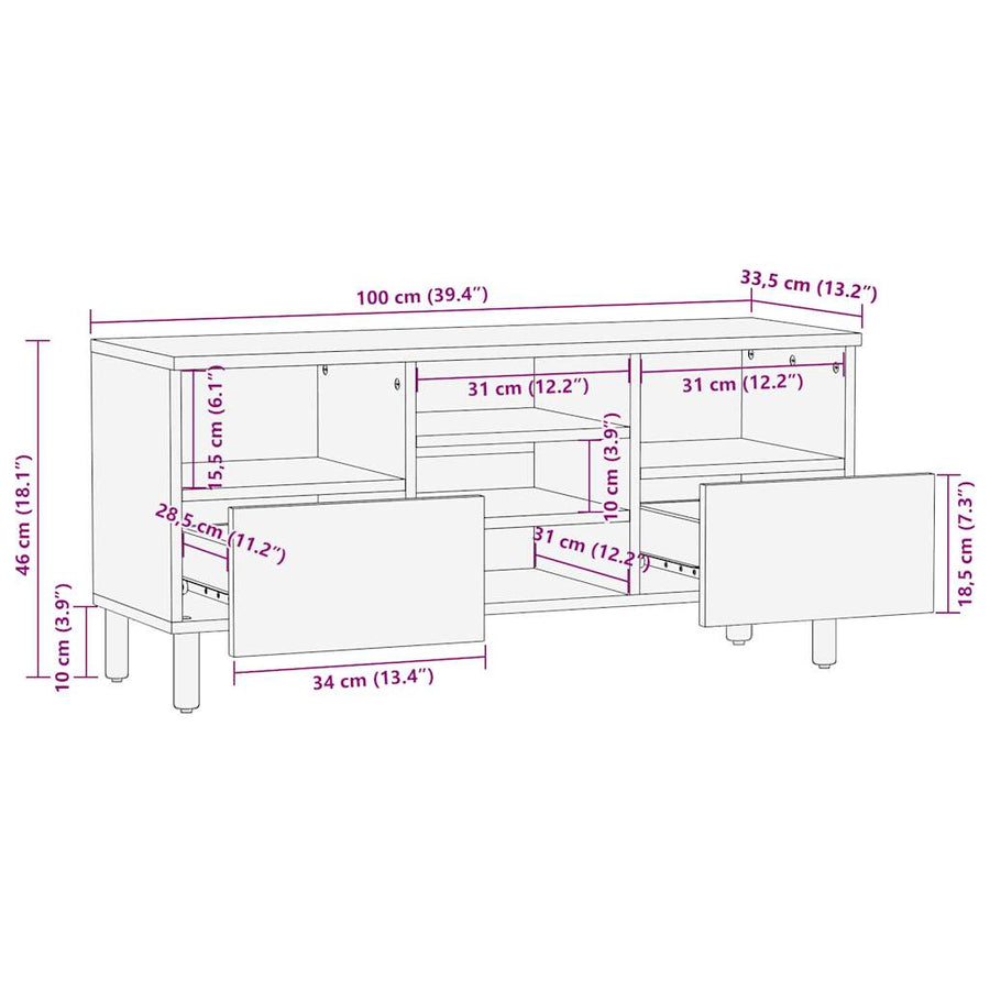 Tv-meubel 100x33,5x46 cm massief ruw mangohout zwart