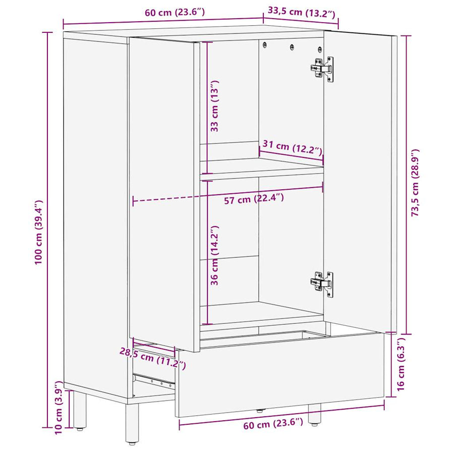 Hoge kast 60x33,5x100 cm massief ruw mangohout