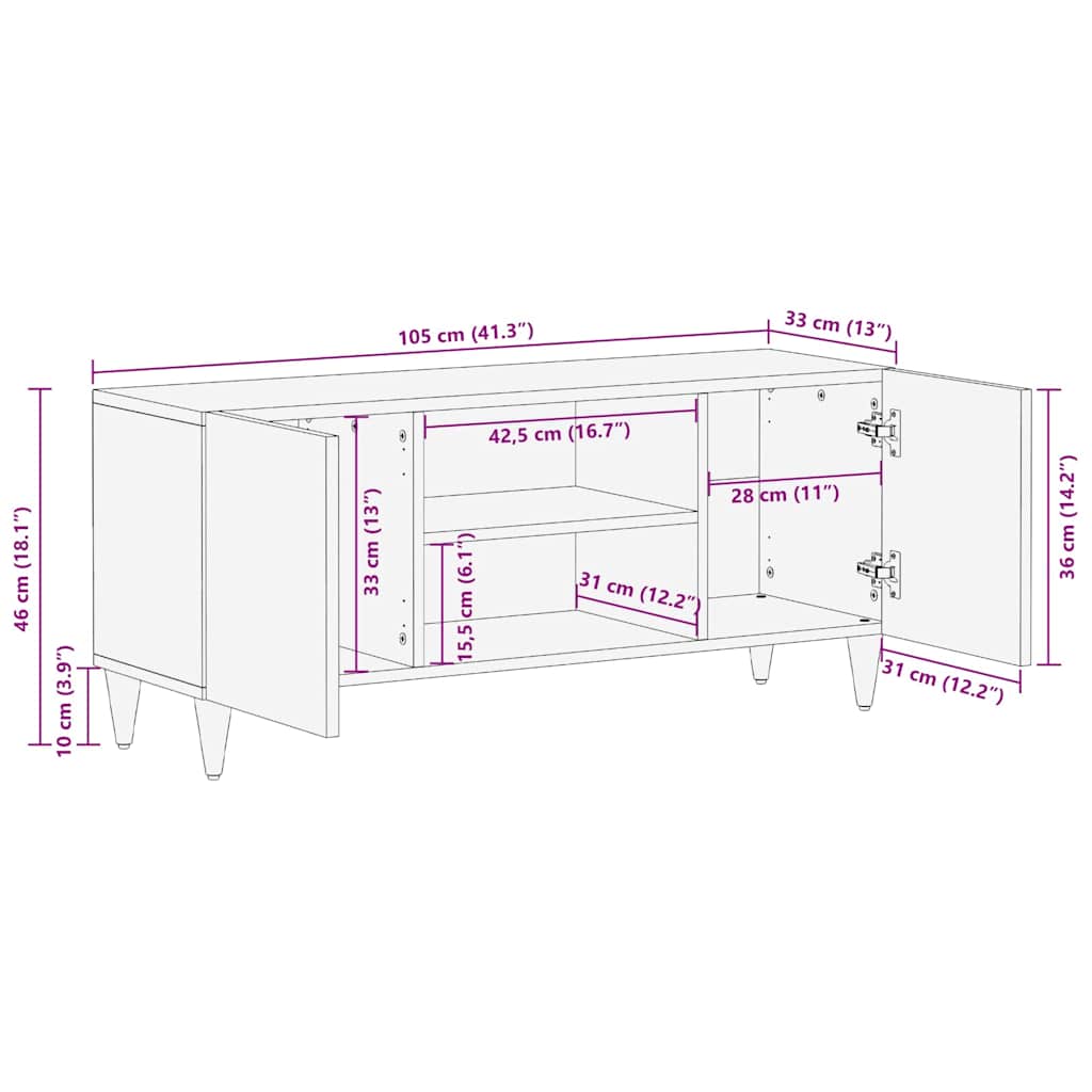 TV-kast met plank Zwart 105 x 33 x 46 cm Massief Mango Hout