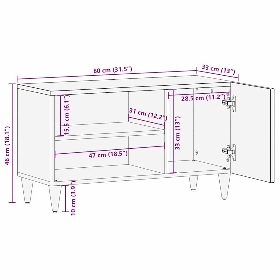 TV-kast met plank Zwart 80 x 33 x 46 cm Massief Mango Hout