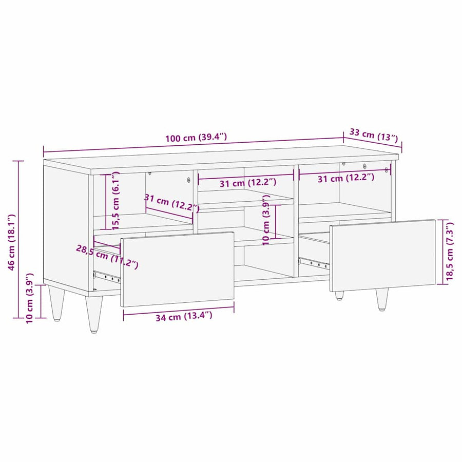 TV-kast met lade Zwart 100 x 33 x 46 cm Massief Mango Hout