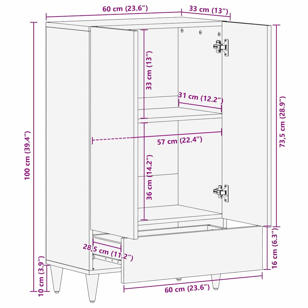 Hoge kast met lade Zwart 60 x 33 x 100 cm Massief Mango Hout