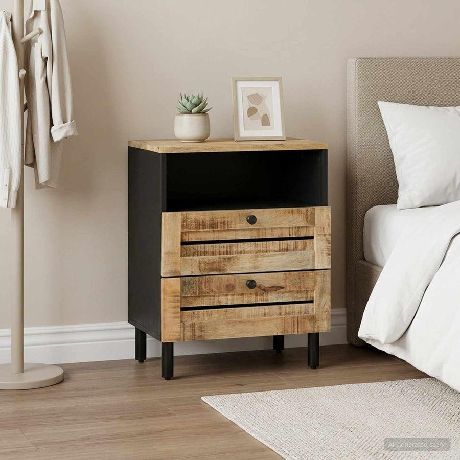 Nachtkastje Bruin en zwart 50 x 33 x 60 cm Massief Mango Hout