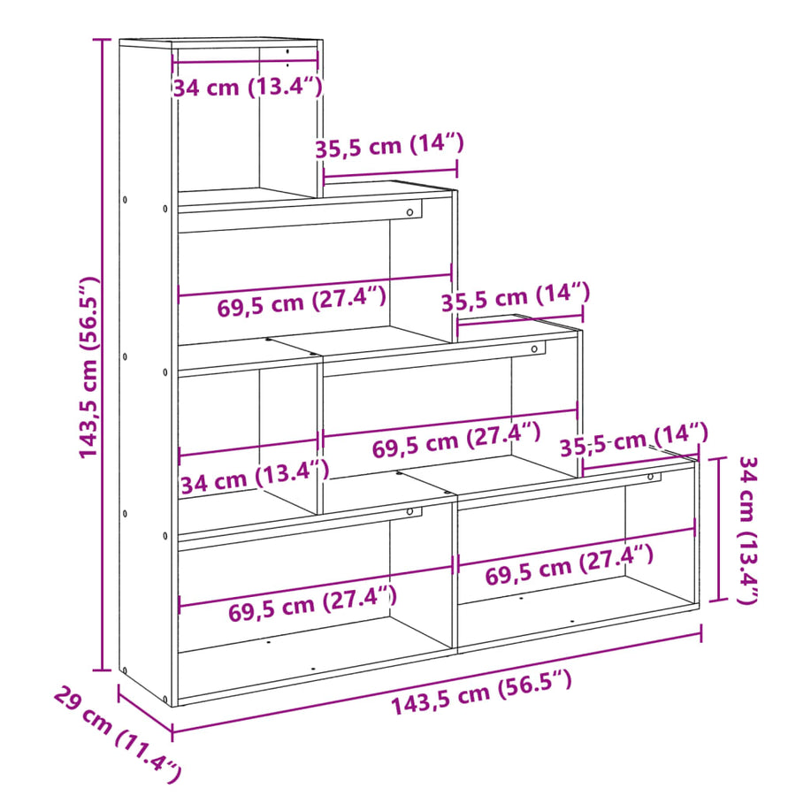 Kamerscherm / boekenkast 4-laags 143,5x29x143,5 cm hout grijs