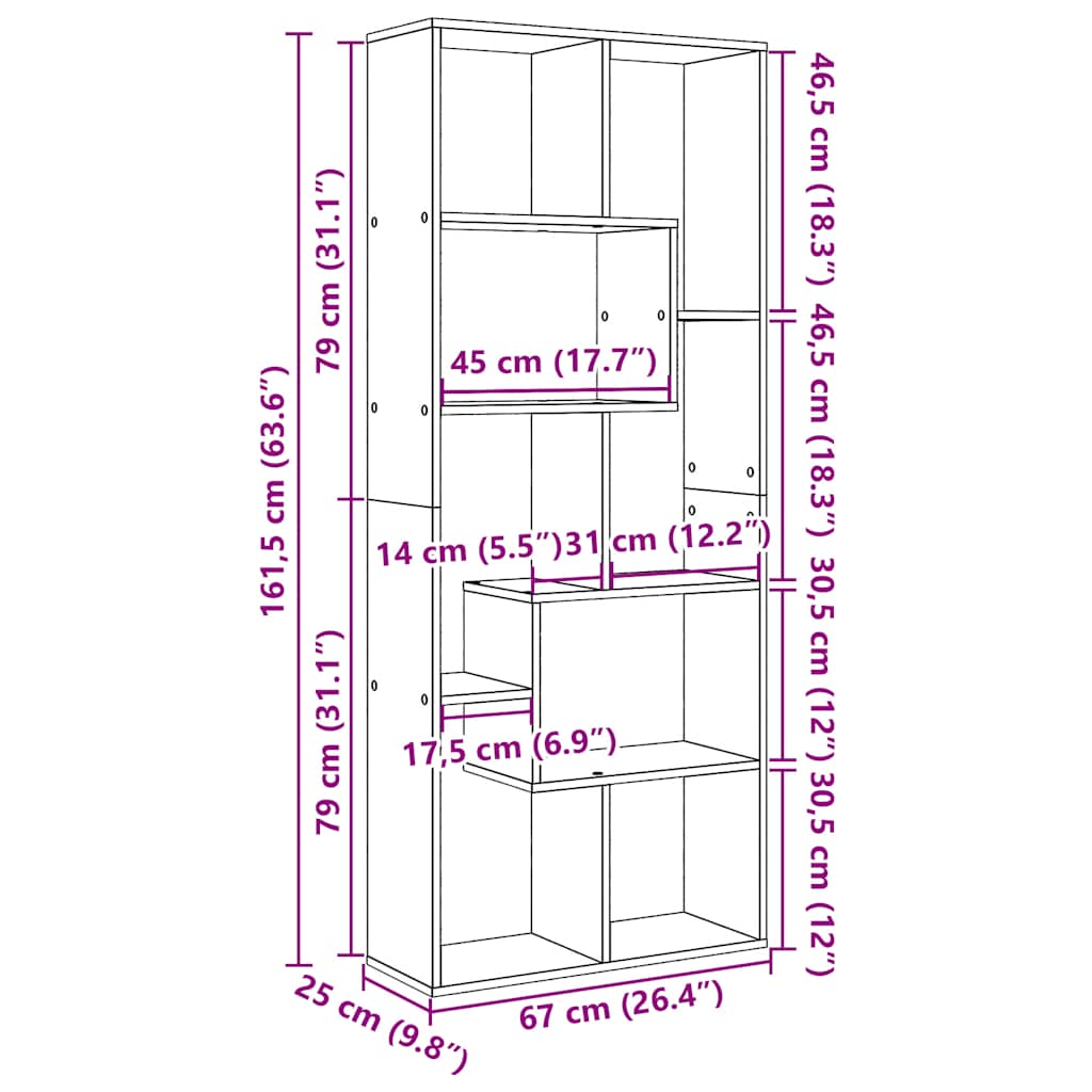 Kamerscherm / boekenkast 67x25x161,5 cm hout artisanaal eiken
