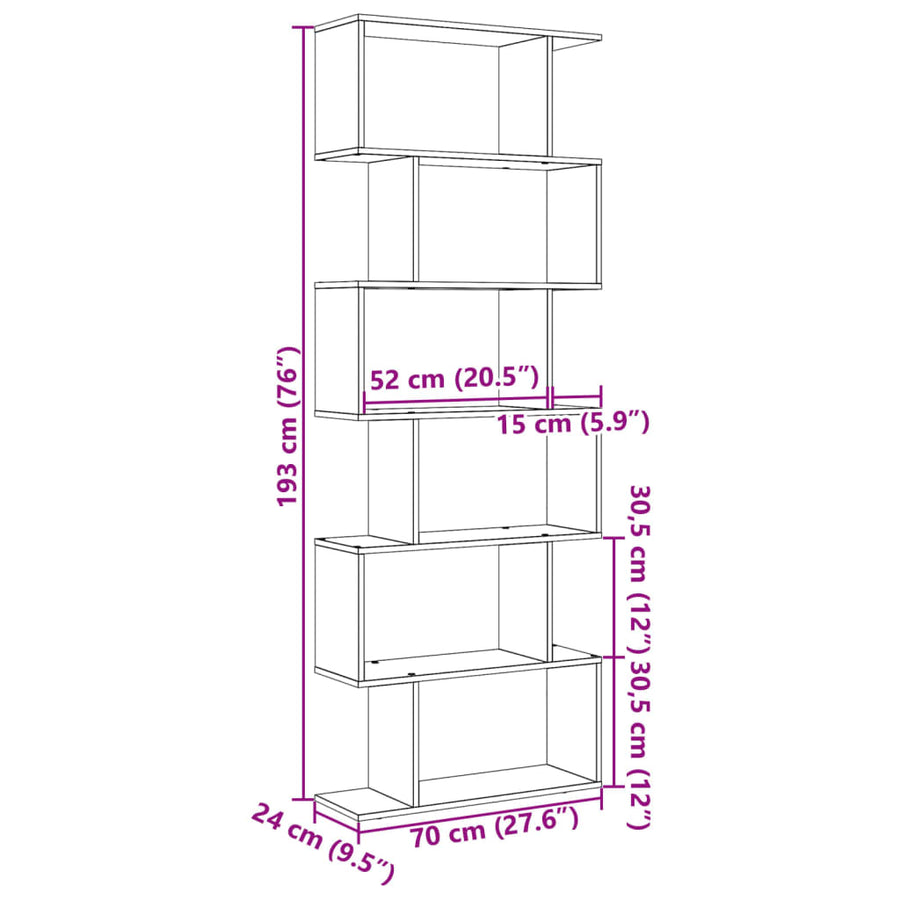 Kamerscherm / boekenkast 6-laags 70x24x193 cm hout gerookt eik