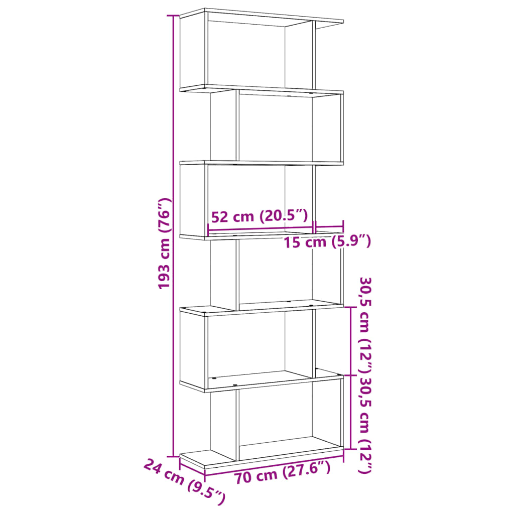 Kamerscherm / boekenkast 6-laags 70x24x193 cm hout artisanaal