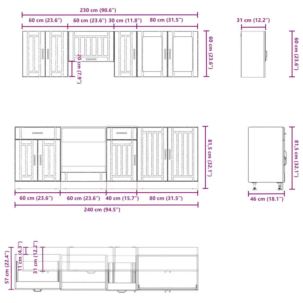 8-delige Keukenkastenset Kalmar bewerkt hout wit