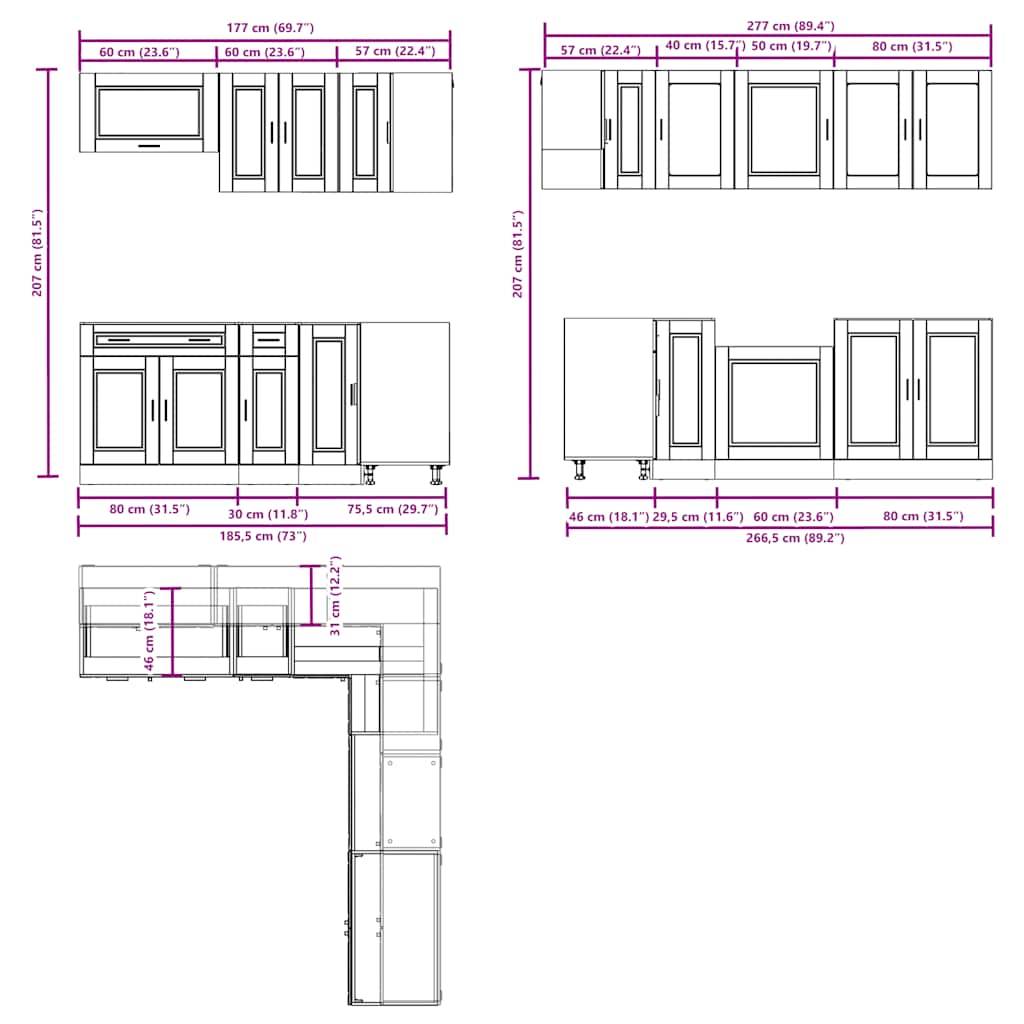 11-delige Keukenkastenset Porto bewerkt hout zwart