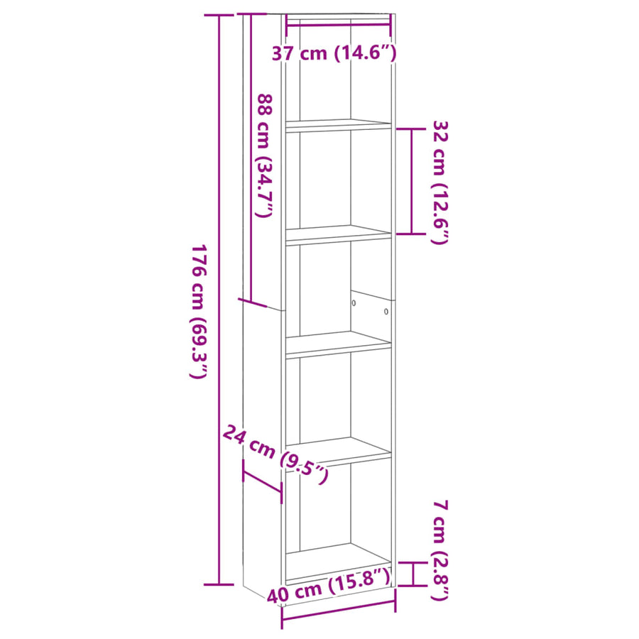 Boekenkast 40x24x176 cm bewerkt hout oud houtkleurig