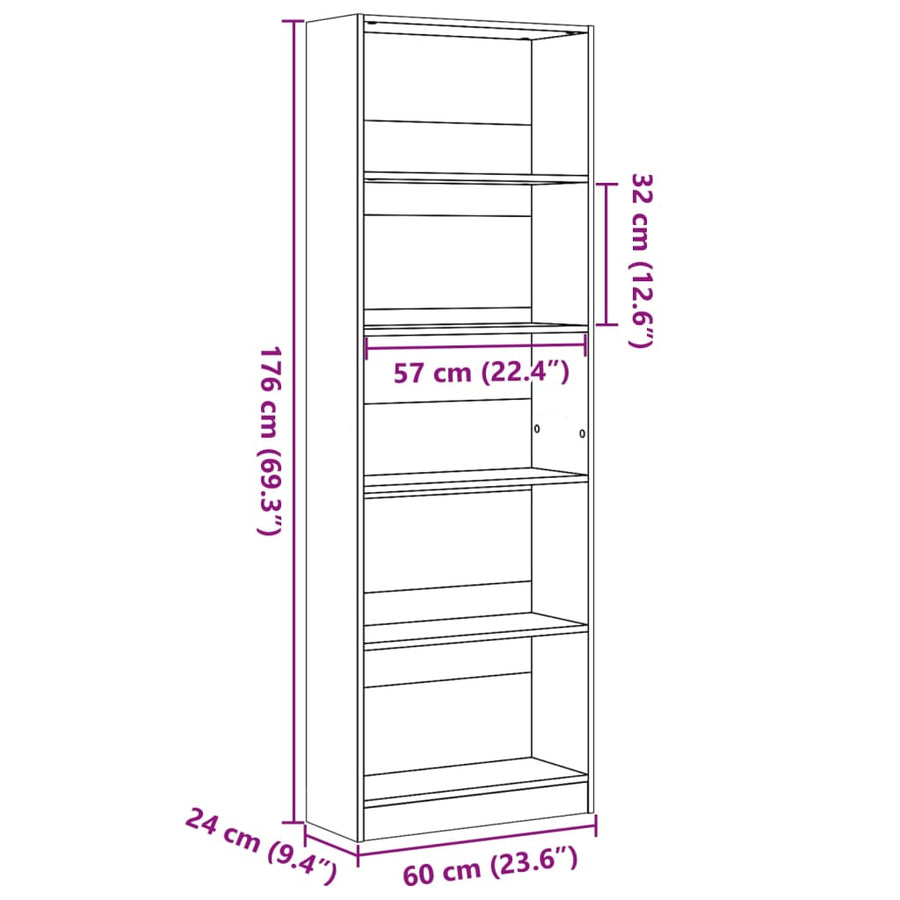 Boekenkast 60x24x176 cm bewerkt hout betongrijs