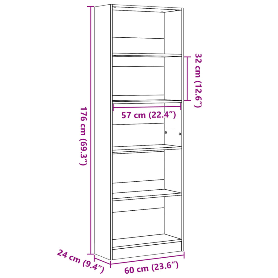 Boekenkast 60x24x176 cm bewerkt hout artisanaal eikenkleurig