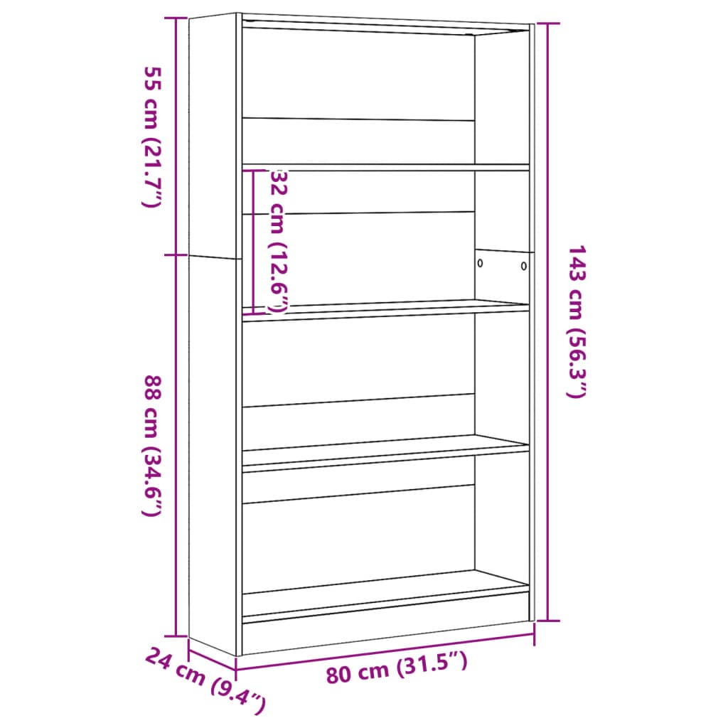 Boekenkast 80x24x143 cm bewerkt hout gerookt eikenkleurig