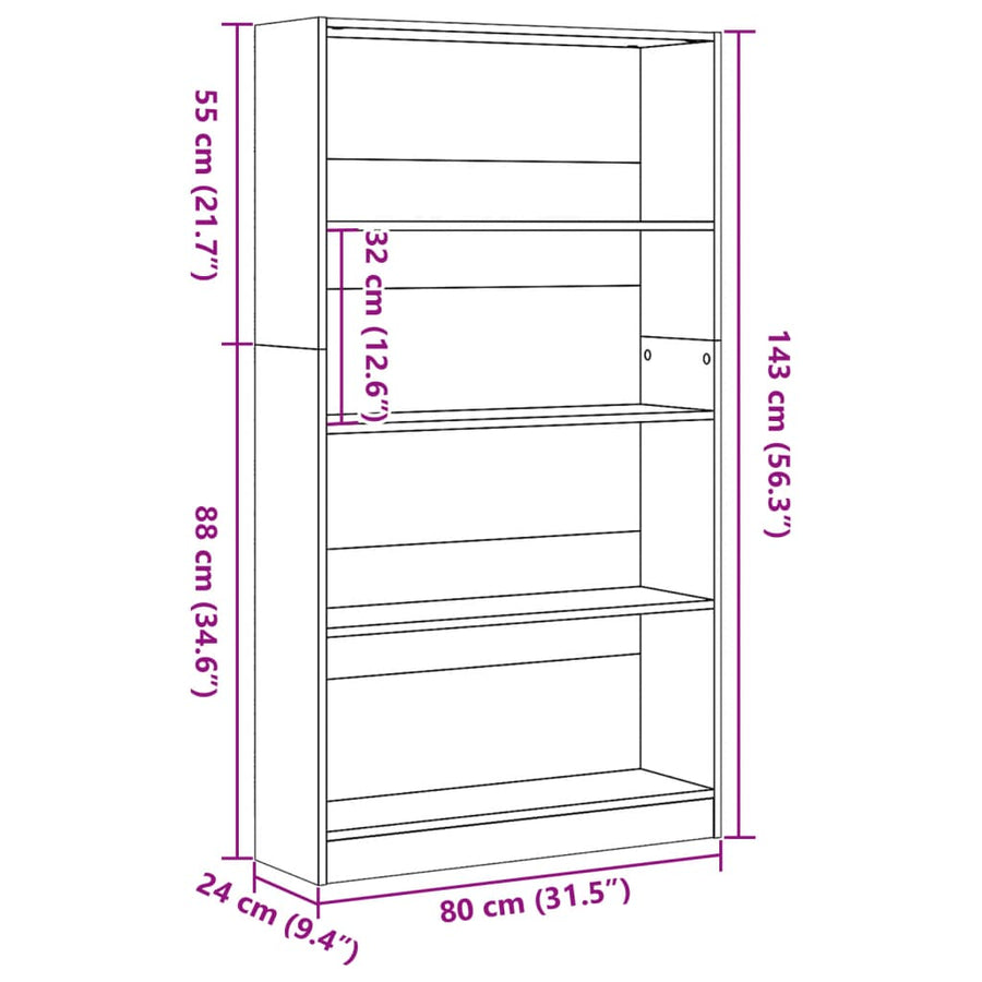 Boekenkast 80x24x143 cm bewerkt hout gerookt eikenkleurig