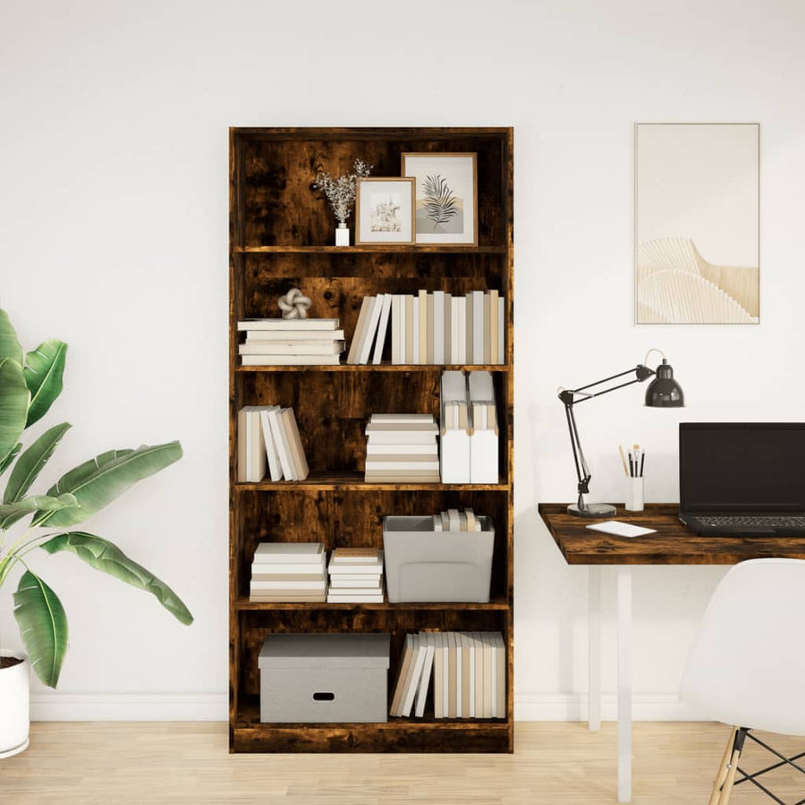 Boekenkast 80x24x176 cm bewerkt hout gerookt eikenkleurig