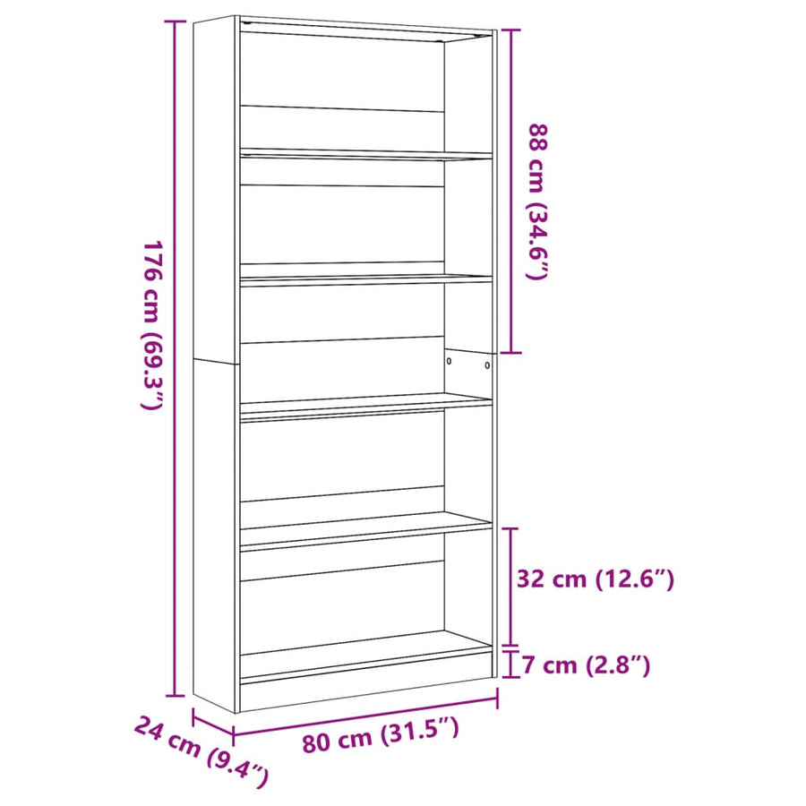 Boekenkast 80x24x176 cm bewerkt hout artisanaal eikenkleurig