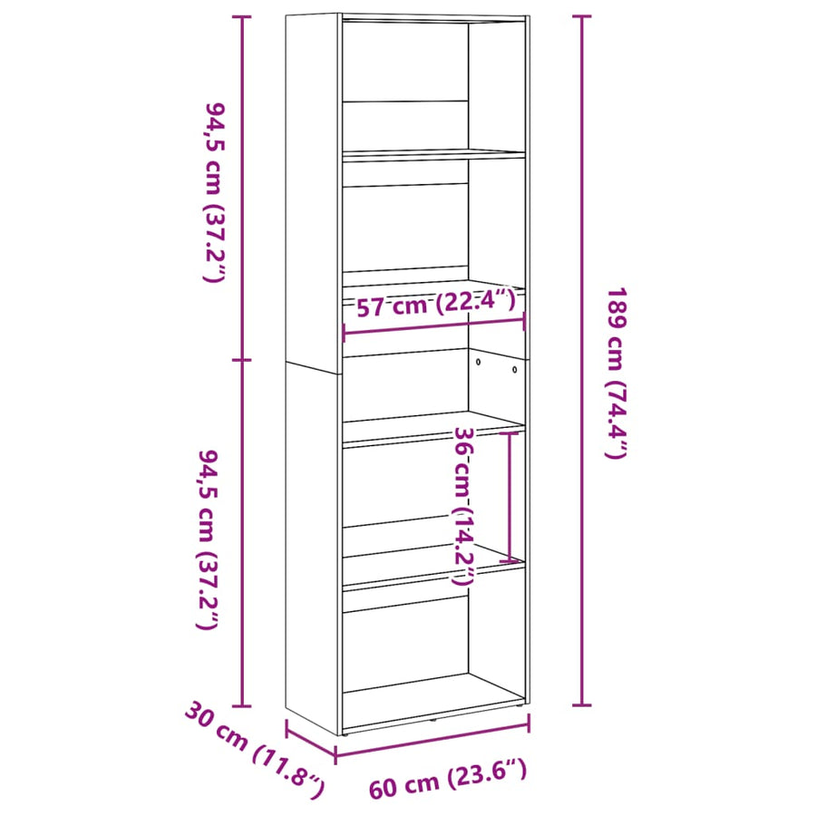 Boekenkast 60x30x189 cm bewerkt hout betongrijs