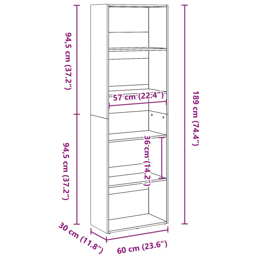 Boekenkast 60x30x189 cm bewerkt hout grijs sonoma eikenkleurig