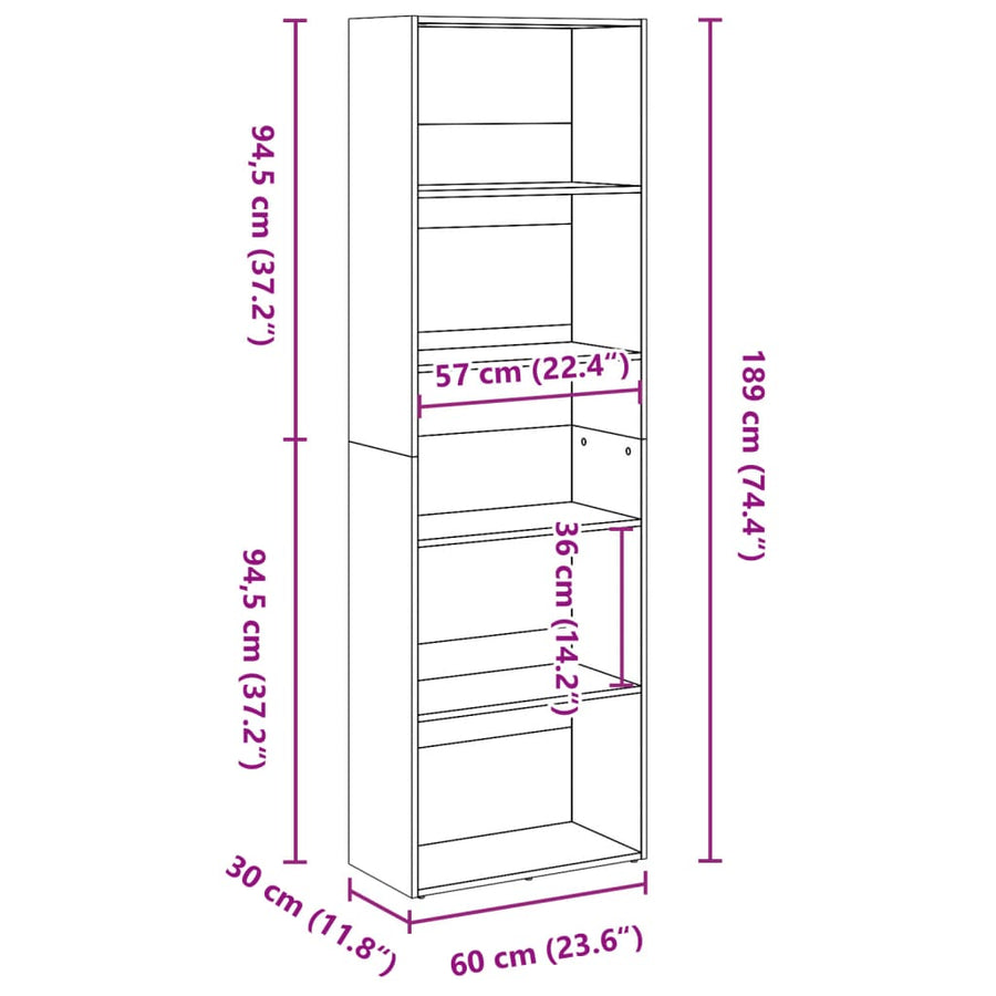 Boekenkast 60x30x189 cm bewerkt hout oud houtkleurig