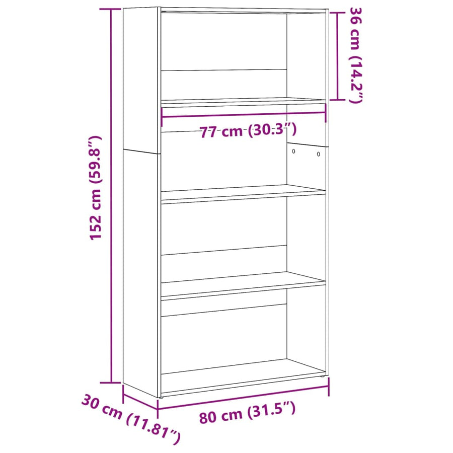 Boekenkast 80x30x152 cm bewerkt hout artisanaal eikenkleurig