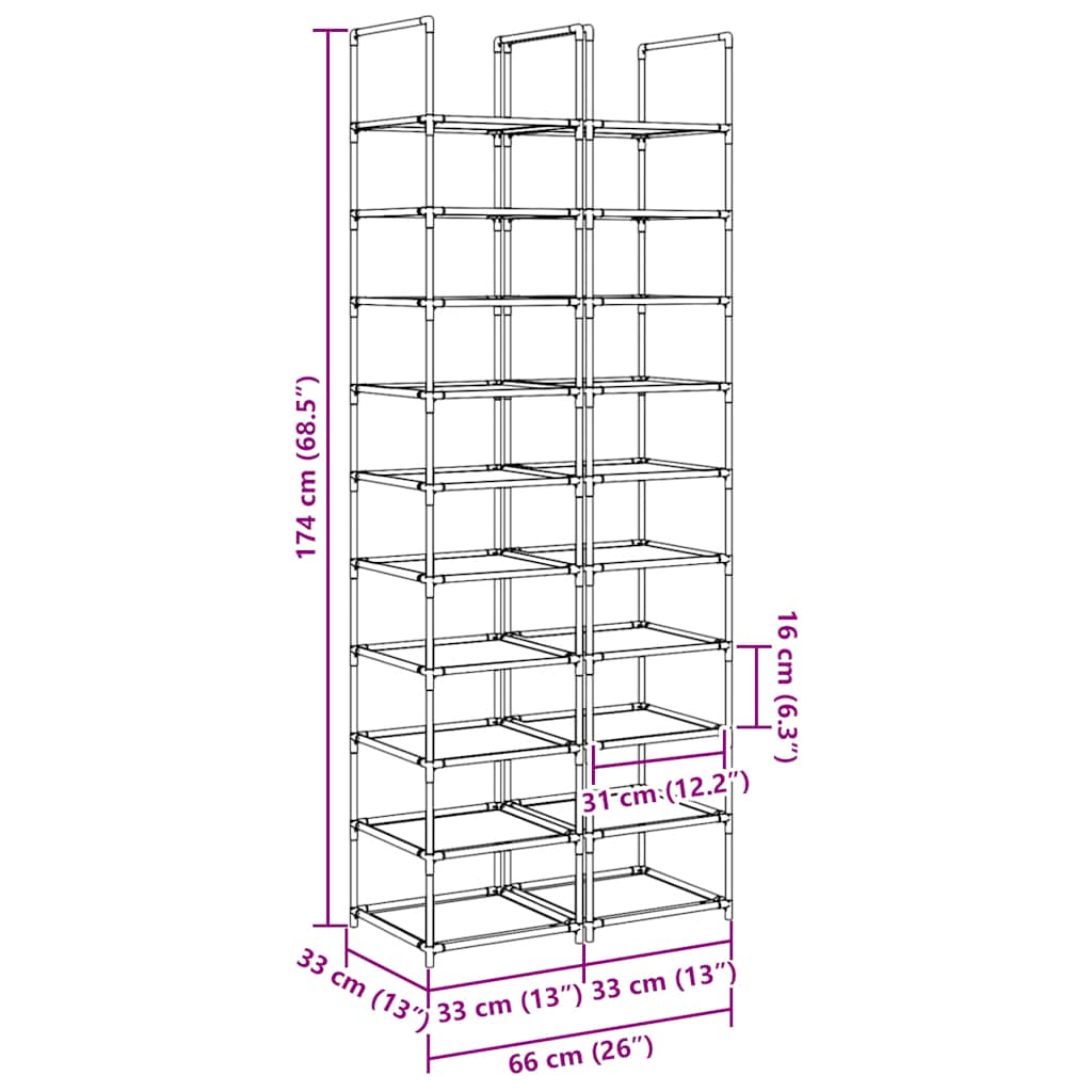 Schoenenrekken 2 st 33x33x174 cm vliesvrij 10-laags zwart