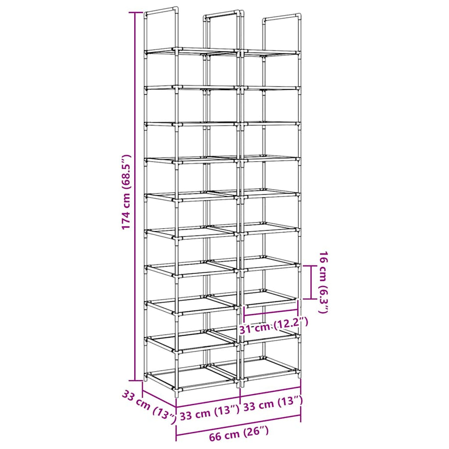 Schoenenrekken 2 st 33x33x174 cm vliesvrij 10-laags zwart
