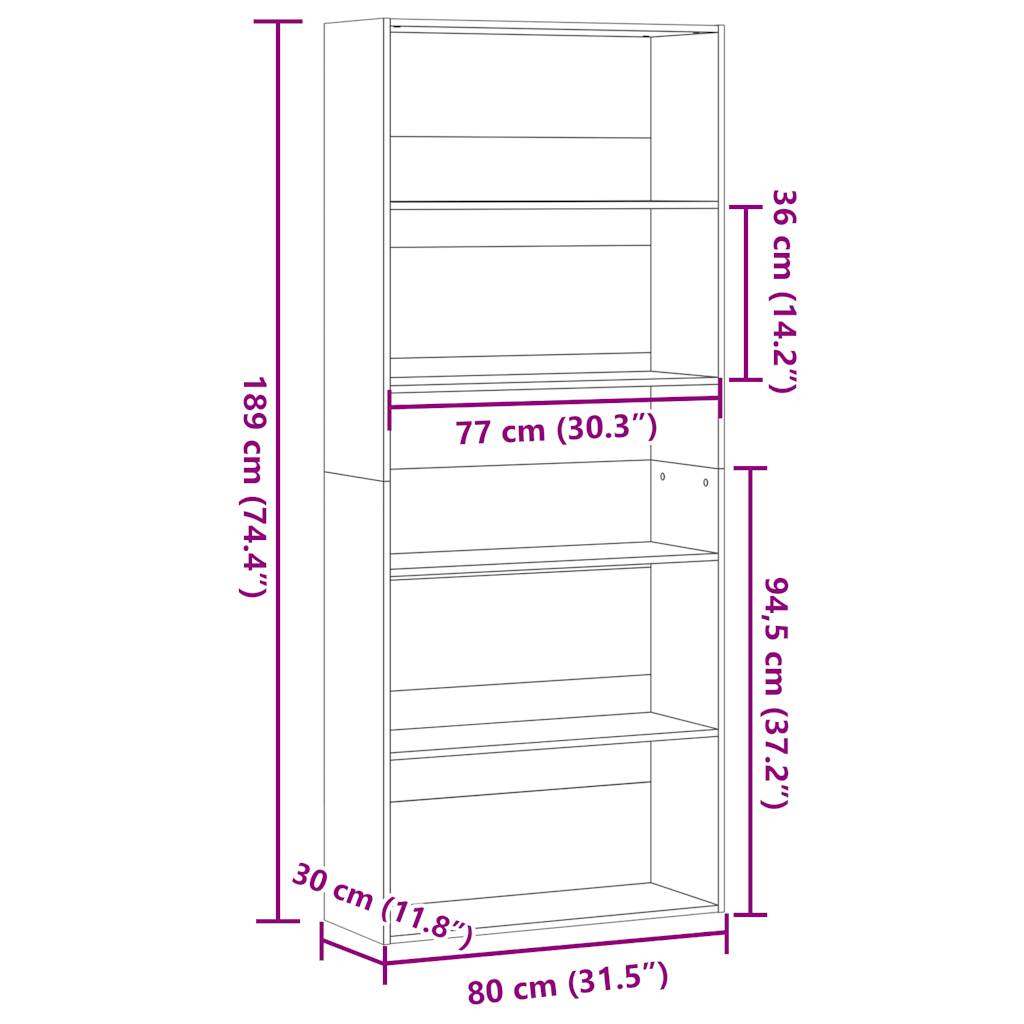 Boekenkast 80x30x189 cm bewerkt hout sonoma eikenkleurig