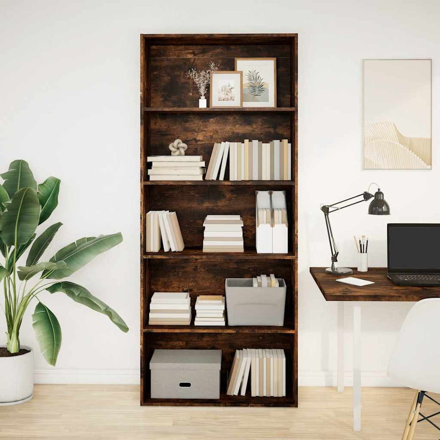 Boekenkast 80x30x189 cm bewerkt hout gerookt eikenkleurig