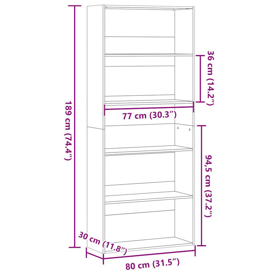 Boekenkast 80x30x189 cm bewerkt hout grijs sonoma eikenkleurig