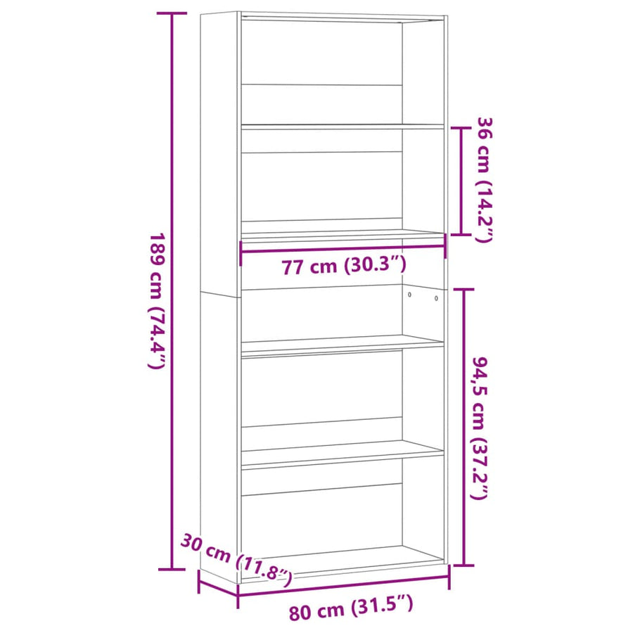 Boekenkast 80x30x189 cm bewerkt hout artisanaal eikenkleur