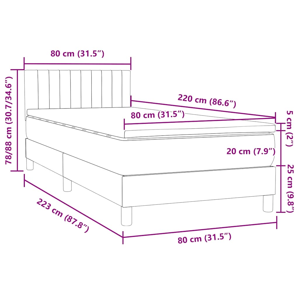 Boxspring met matras fluweel lichtgrijs 80x220 cm