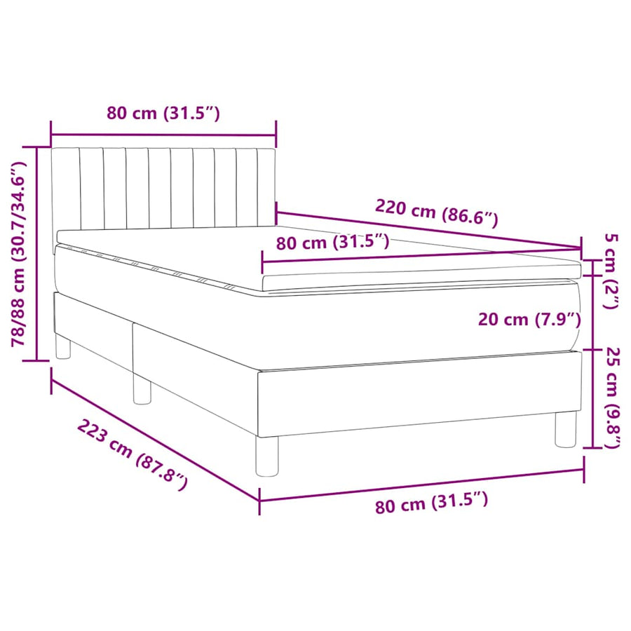 Boxspring met matras fluweel lichtgrijs 80x220 cm
