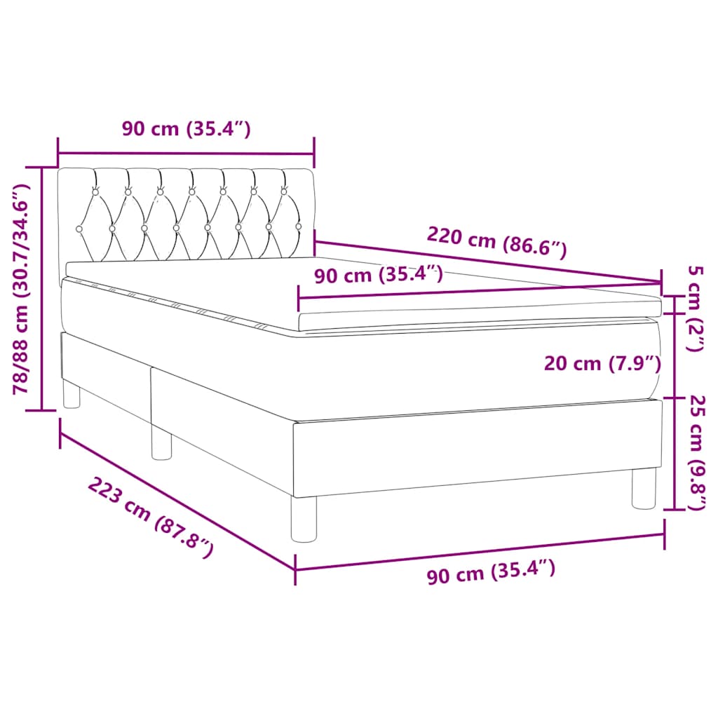 Boxspring met matras fluweel lichtgrijs 90x220 cm
