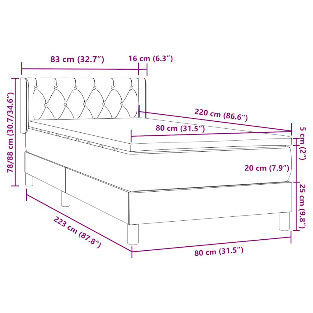 Boxspring met matras fluweel donkergrijs 80x220 cm