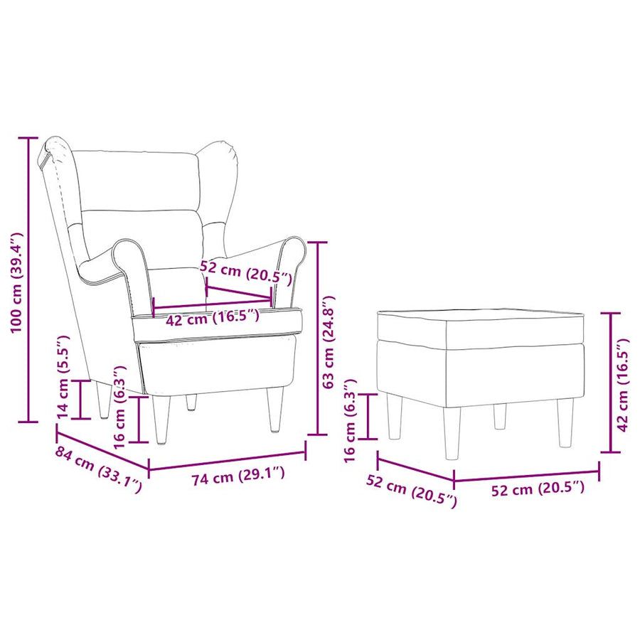 Fauteuil met voetenbankje stof wijnrood