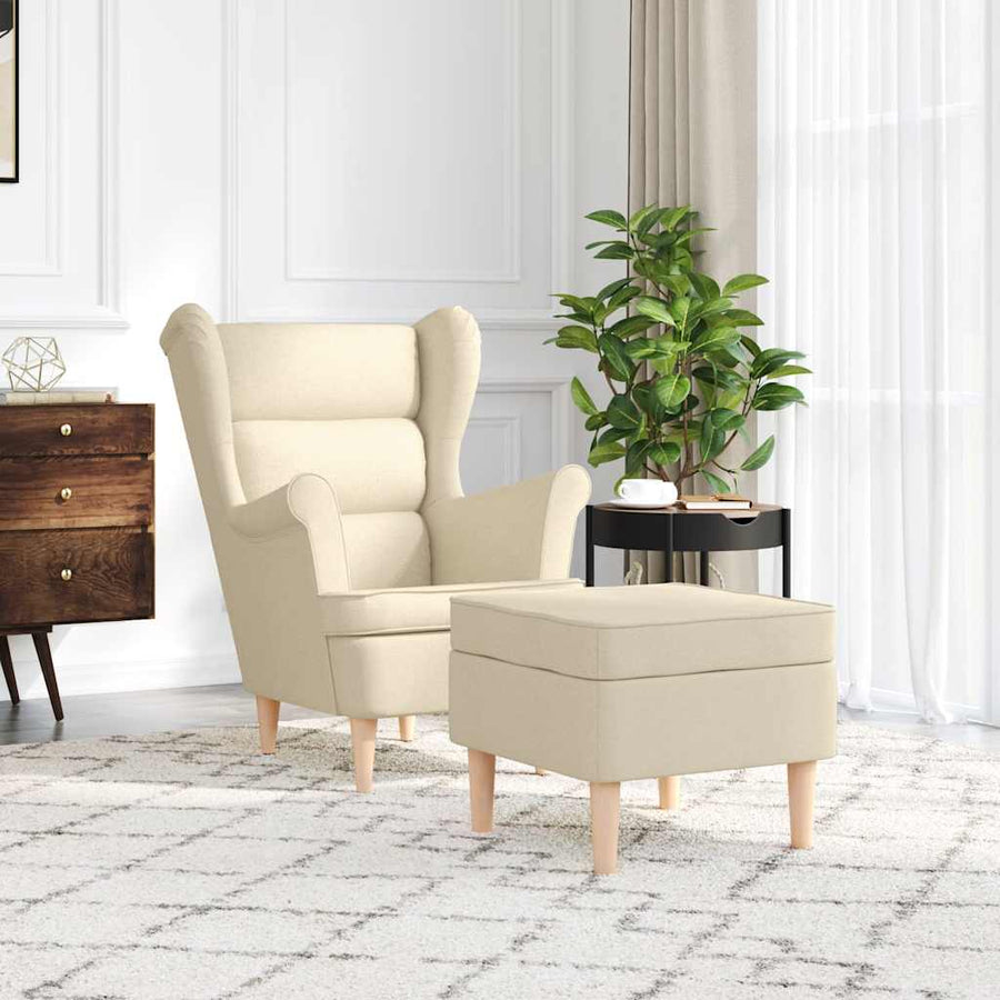 Fauteuil met voetenbankje stof crèmekleurig