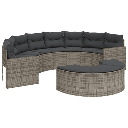 Tuinbank met kussens halfrond poly rattan grijs
