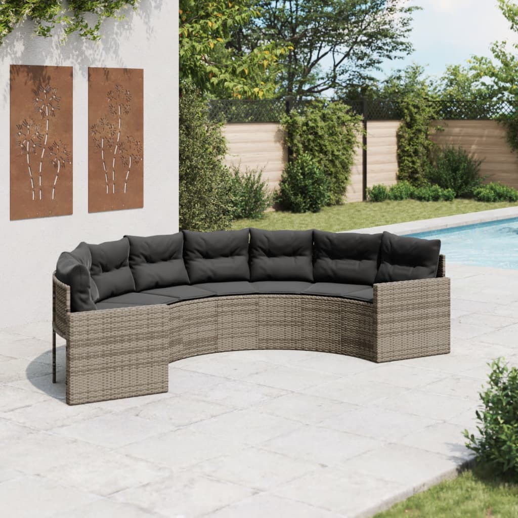 Tuinbank met kussens halfrond poly rattan grijs