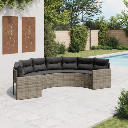 Tuinbank met kussens halfrond poly rattan grijs