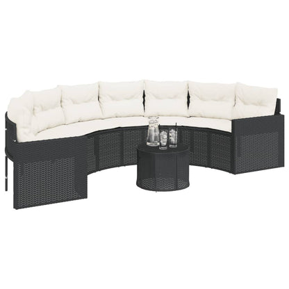 Tuinbank met tafel en kussens halfrond poly rattan zwart