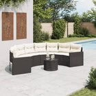 Garden bench with table and cushions, semi-circular, poly rattan, black