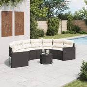 Halfronde tuinbank met tafel en kussens poly rattan zwart