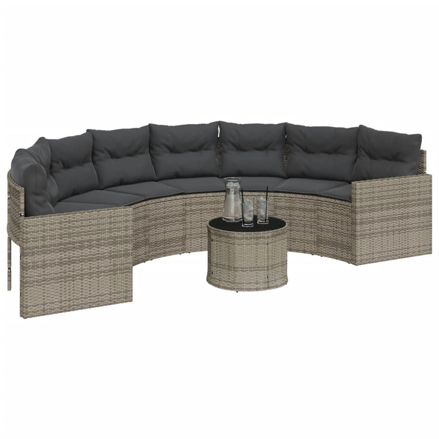 Tuinbank met tafel en kussens halfrond poly rattan grijs