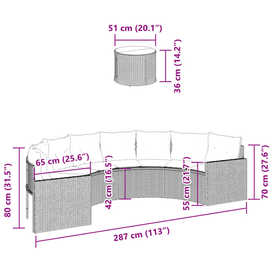 Tuinbank met tafel en kussens halfrond poly rattan grijs