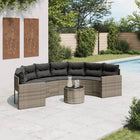Garden bench with table and cushions semi-circular poly rattan grey