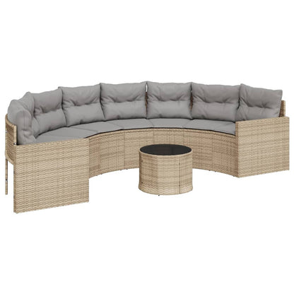 Tuinbank met tafel en kussens halfrond poly rattan beige