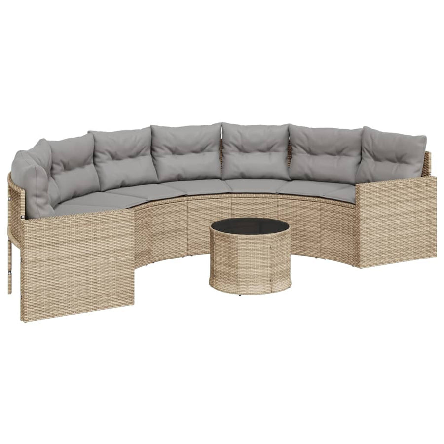 Tuinbank met tafel en kussens halfrond poly rattan beige